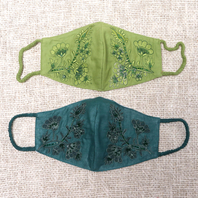 Beaded cotton face masks, 'Glamorous Greens' (pair) - 2 Beaded Embroidered Cotton Face Masks in Green Shades