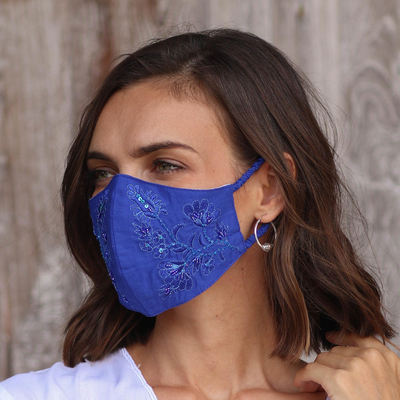 Beaded cotton face masks, Glamorous Blues (pair)