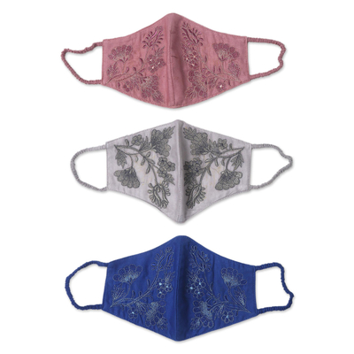 Cotton face masks, 'Beautiful Blossoms' (set of 3) - 3 Cotton Contoured Face Masks with Embroidered Flowers