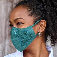 Cotton face masks 'Cool Blossoms' (set of 3) - 3 Green & Turquoise Cotton Masks with Embroidered Flowers