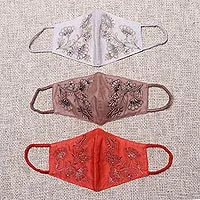 Cotton face masks, 'Warm Blossoms' (set of 3)