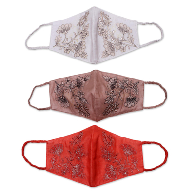 Cotton face masks, 'Warm Blossoms' (set of 3) - 3 Embroidered Floral Cotton Contoured Face Masks