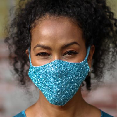 Beaded cotton face masks, 'Glamour Girl' (pair) - 2 Hand Beaded Cotton Contoured Masks in Turquoise and Grey