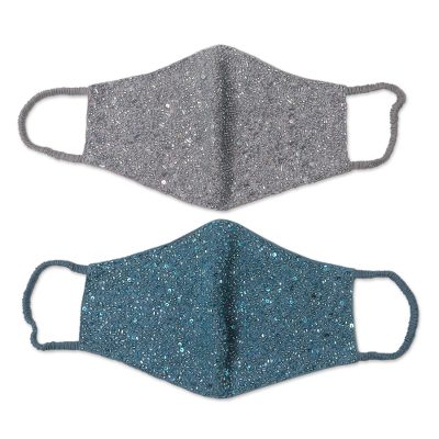 Beaded cotton face masks, 'Glamour Girl' (pair) - 2 Hand Beaded Cotton Contoured Masks in Turquoise and Grey