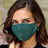 Beaded cotton face masks, 'Feeling Glamorous' (pair) - 2 Hand Beaded Cotton Contoured Masks in Green and Orange