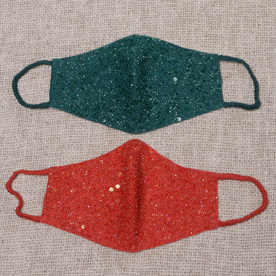 Beaded cotton face masks, 'Feeling Glamorous' (pair) - 2 Hand Beaded Cotton Contoured Masks in Green and Orange