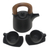 Ceramic and teak wood tea set, 'Midnight Cup' (5 pcs) - Matte Black Ceramic Tea Set for Two (5 Pcs)