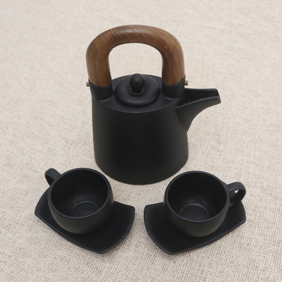 Juego de té de cerámica y madera de teca, (5 piezas) - Juego de té de cerámica negra mate para dos (5 piezas)