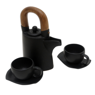 Teeservice aus Keramik und Teakholz, (5 Stück) - Mattschwarzes Keramik-Teeservice für Zwei (5 Stück)