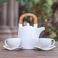 White Ceramic and Wood Tea Set for Two (5 Pcs),'Midday Cup'