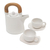 Ceramic and teak wood tea set, 'Midday Cup' (5 pcs) - White Ceramic and Wood Tea Set for Two (5 Pcs) (image 2a) thumbail