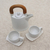 Ceramic and teak wood tea set, 'Midday Cup' (5 pcs) - White Ceramic and Wood Tea Set for Two (5 Pcs) (image 2b) thumbail