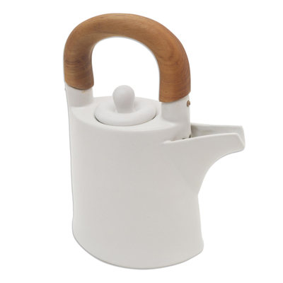 Ceramic and teak wood tea set, 'Midday Cup' (5 pcs) - White Ceramic and Wood Tea Set for Two (5 Pcs)