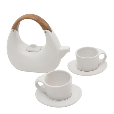 Ceramic tea set, 'Resting Cloud in White' (set for 2) - Balinese Matte White Ceramic Tea Set with Teak Handle