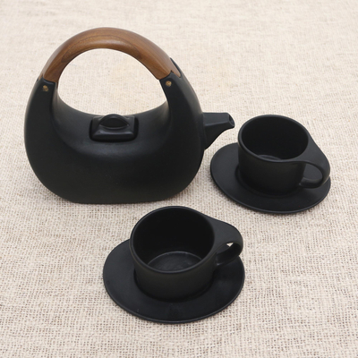Balinese Matte Black Ceramic Tea Set with Teak Handle
