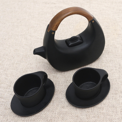 Juego de té de cerámica, (juego para 2) - Juego de té balinés de cerámica negra mate con mango de teca