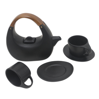Ceramic tea set, 'Resting Cloud in Black' (set for 2) - Balinese Matte Black Ceramic Tea Set with Teak Handle