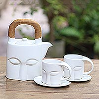 Ceramic tea set, 'Peaceful Visage' (set for 2)