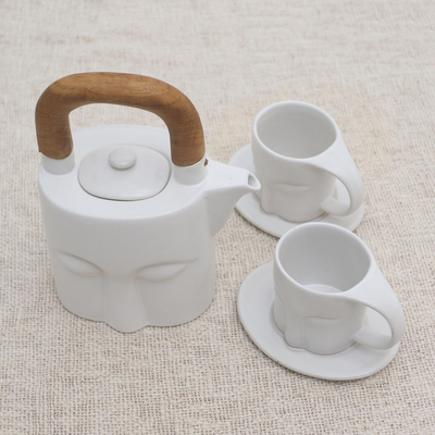 Keramik-Teeservice, (Set für 2) - Sechsteiliges Teeservice aus mattweißer Keramik und Teakholz