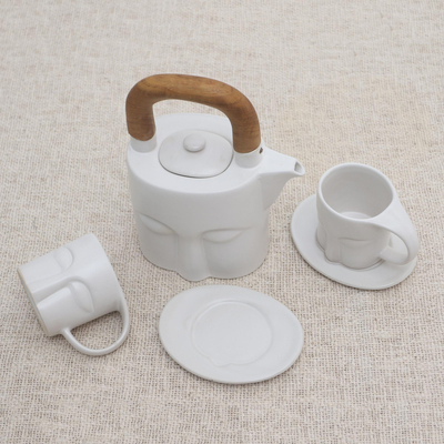 Keramik-Teeservice, (Set für 2) - Sechsteiliges Teeservice aus mattweißer Keramik und Teakholz