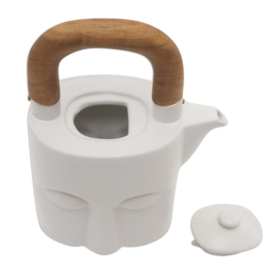 Ceramic tea set, 'Peaceful Visage' (set for 2) - Matte White Ceramic and Teak Six-Piece Tea Set