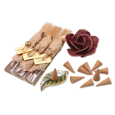 Aromatherapy boxed gift set, 'Burgundy Rose' - Incense and Ceramic Holders Gift Set