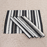 Natural fiber and cotton placemats, 'Classic Stripes' (set of 6) - Black and Off-White Striped Placemats (Set of 6)