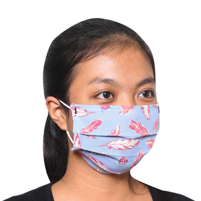 Cotton face masks, 'Free as a Feather' (set of 3) - 3 Single Layer Pleated Cotton Print Elastic Loop Face Masks