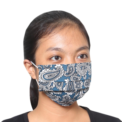 Gesichtsmasken aus Baumwolle, (3er-Set) - 3 marineblau bedruckte einlagige Baumwoll-Gesichtsmasken mit elastischen Schlaufen