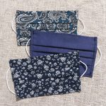 Cotton face masks, 'Versatile Blues' (set of 3) - 3 Navy Blue Print Single Layer Cotton Elastic Loop Face Mask