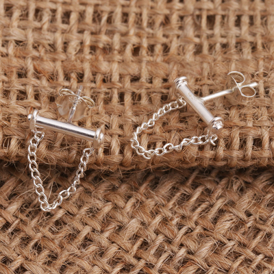 Sterling silver stud earrings, 'Bar and Chain' - Sterling Silver Bar and Chain Stud Earrings