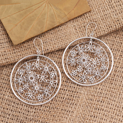 Sterling silver dangle earrings, 'Circle Bouquet' - Sterling Silver Circles with Flowers Dangle Earrings