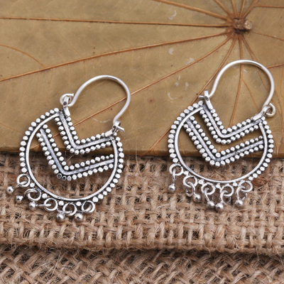 Sterling silver hoop earrings, 'Celuk Chevron' - Balinese Style Sterling Silver Hoop Earrings