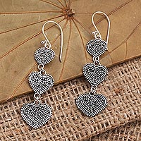 Sterling silver dangle earrings, 'Jawan Hearts' - Sterling Silver Heart Dangle Earrings