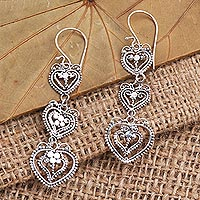 Sterling silver dangle earrings, 'Sentimental Style' - Romantic Heart Cascade Earrings in Sterling Silver
