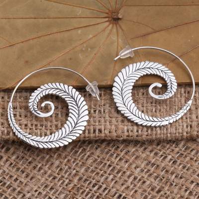 Sterling silver drop earrings, 'Furling Fern' - Fernlike Sterling Silver Drop Earrings from Bali