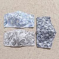 Mascarillas faciales de algodón, 'Pretty Prints and Paisley' (juego de 3) - 3 mascarillas de algodón dobles contorneadas con estampado azul y gris