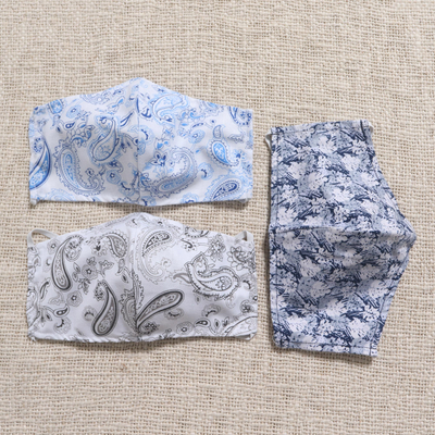 Mascarillas de algodón, (juego de 3) - 3 mascarillas contorneadas de algodón doble con estampado azul y gris