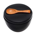 Ceramic and teak wood condiment set, 'Midnight Meal' (3 pcs) - Divided Ceramic Condiment Bowl with Teak Spoon (3 Pcs)