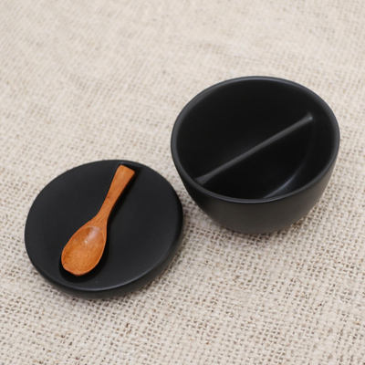Juego de condimentos de cerámica y madera de teca, (3 piezas) - Tazón de Condimento de Cerámica Dividido con Cuchara de Teca (3 Piezas)
