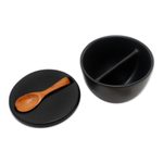 Ceramic and teak wood condiment set, 'Midnight Meal' (3 pcs) - Divided Ceramic Condiment Bowl with Teak Spoon (3 Pcs)
