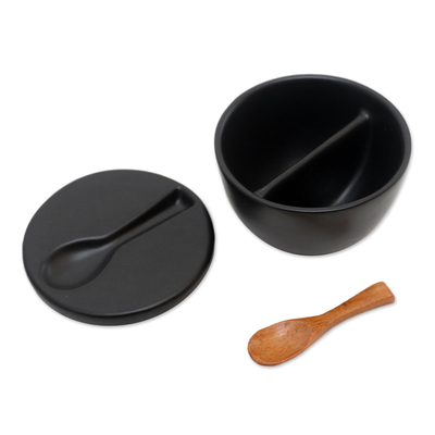 Ceramic and teak wood condiment set, 'Midnight Meal' (3 pcs) - Divided Ceramic Condiment Bowl with Teak Spoon (3 Pcs)