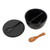 Ceramic and teak wood condiment set, 'Midnight Meal' (3 pcs) - Divided Ceramic Condiment Bowl with Teak Spoon (3 Pcs) (image 2d) thumbail