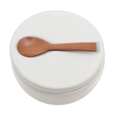Ceramic and teak wood condiment Set, 'Midday Meal' (3 pcs) - Handmade Ceramic Condiment Set with Wood Spoon (3 Pcs)