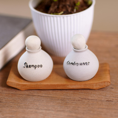 Set de accesorios de baño de cerámica, (3 piezas) - Juego de 3 botellas de loción y champú de cerámica hecho a mano