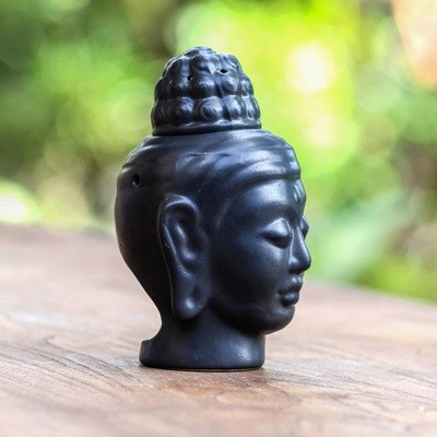 Ceramic oil warmer, 'Buddha Head' - Hand Crafted Buddha Oil Warmer from Bali