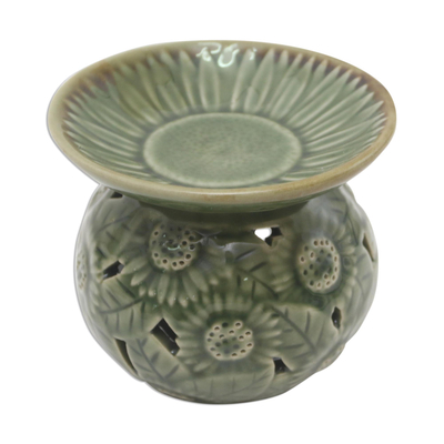 Ölwärmer aus Keramik - Ölwärmer aus grüner Keramik mit Sonnenblumenmotiv