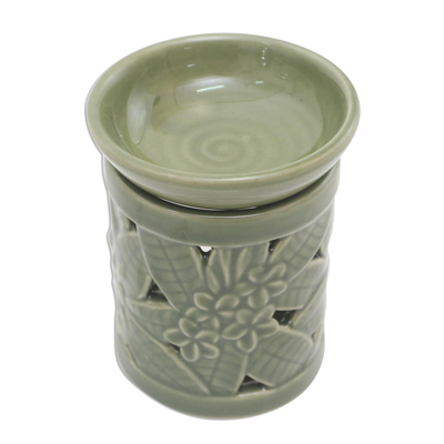 Ceramic oil warmer, 'Jepun Tree' - Floral Themed Handmade Ceramic Oil Warmer