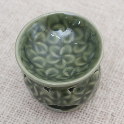Ölwärmer aus Keramik - Grüner Ölwärmer aus Keramik mit Frangipani-Motiv