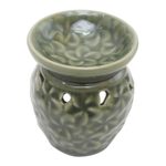 Ceramic oil warmer, 'Jepun Flowers' - Frangipani Motif Green Ceramic Oil Warmer